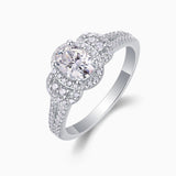 Oval halo moissanite ring, double pavé setting and band, white gold vermeil