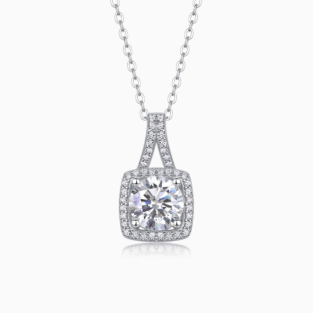 Cushion halo moissanite pendant necklace with square cushion center stone, white gold vermeil