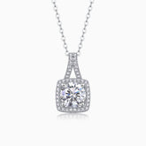 Cushion halo moissanite pendant necklace with square cushion center stone, white gold vermeil