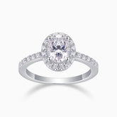 Oval Moissanite pavé engagement ring with halo, white gold vermeil band