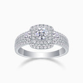 Square halo moissanite ring with double halo and pavé band, white gold vermeil finish