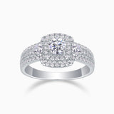Square halo moissanite ring with double halo and pavé band, white gold vermeil finish