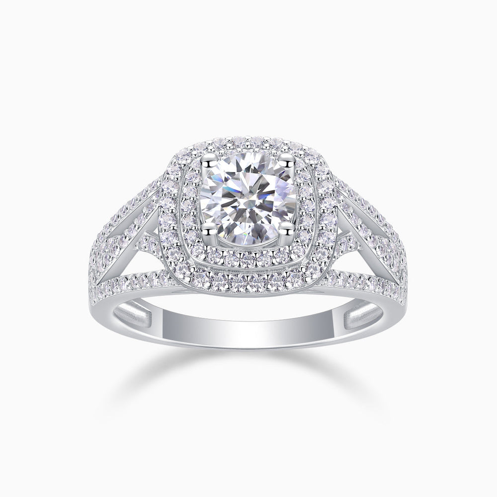 Moissanite halo cushion engagement ring, white gold-plated setting