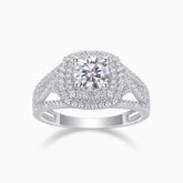 Moissanite halo cushion engagement ring, white gold-plated setting