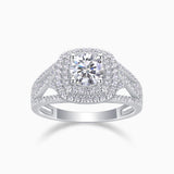 Moissanite halo cushion engagement ring, white gold-plated setting