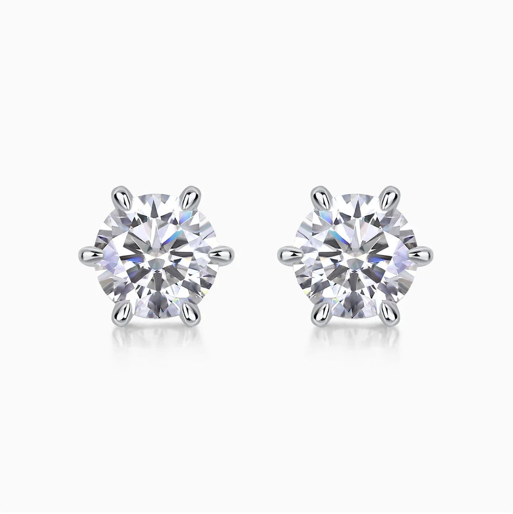 Classic 6-prong moissanite solitaire stud earrings, white gold vermeil, round cut