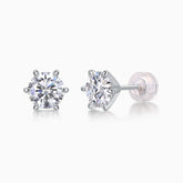 Classic moissanite solitaire stud earrings, back view with round stone and post