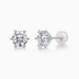 Classic moissanite solitaire stud earrings, back view with round stone and post