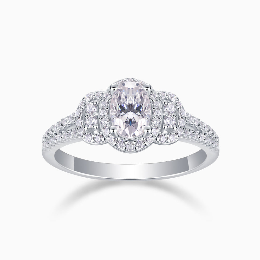 Oval halo moissanite ring with double pavé band in white gold vermeil