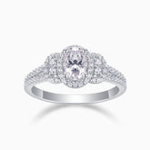 Oval halo moissanite ring with double pavé band in white gold vermeil