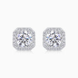 Octagon Halo Moissanite Stud Earrings: round center stone, white gold vermeil halo