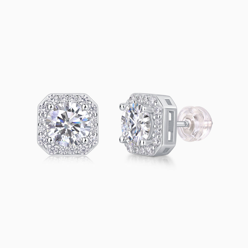 Octagon Halo Moissanite Stud Earrings in white gold vermeil, front octagon halo