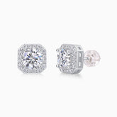 Octagon Halo Moissanite Stud Earrings in white gold vermeil, front octagon halo