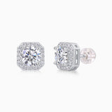 Octagon Halo Moissanite Stud Earrings in white gold vermeil, front octagon halo