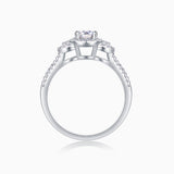 Oval halo moissanite ring profile with pavé shoulders, white gold vermeil