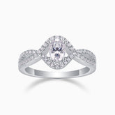 Oval halo twist engagement ring with pavé moissanite, oval center, white gold vermeil