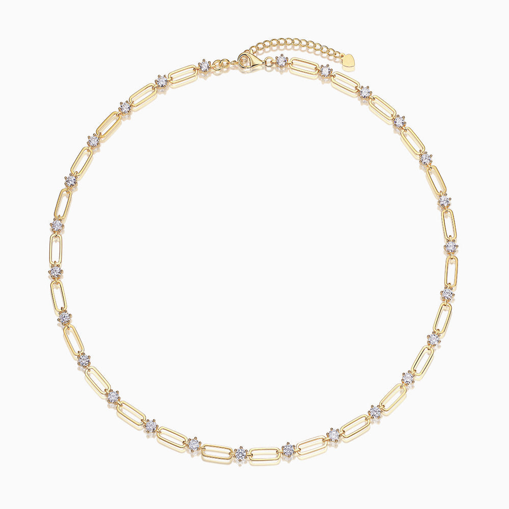Moissanite station paperclip chain necklace in yellow gold vermeil with oval link stations
