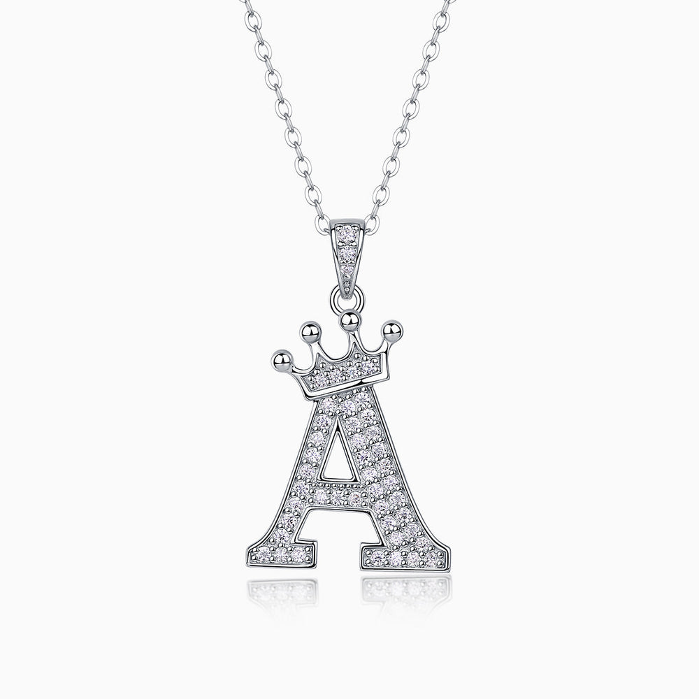 Initial pendant necklace with crown, letter A, moissanite stones, white gold vermeil