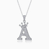 Initial pendant necklace with crown, letter A, moissanite stones, white gold vermeil