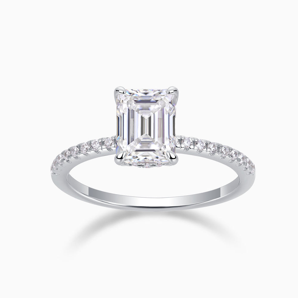 Emerald-cut moissanite engagement ring with pavé band, white gold vermeil setting