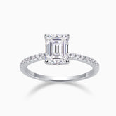 Emerald-cut moissanite engagement ring with pavé band, white gold vermeil setting