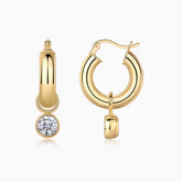 Chunky hoop bezel drop earrings, yellow gold vermeil with round moissanite