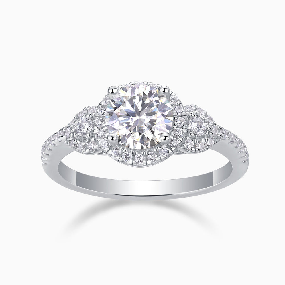 Round halo moissanite ring with pear side stones, white gold vermeil
