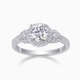 Round halo moissanite ring with pear side stones, white gold vermeil