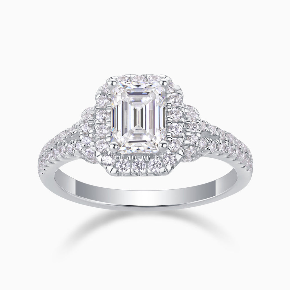 Emerald-cut halo moissanite ring, double pavé split shank, white gold vermeil