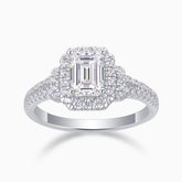 Emerald-cut halo moissanite ring, double pavé split shank, white gold vermeil