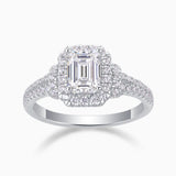 Emerald-cut halo moissanite ring, double pavé split shank, white gold vermeil