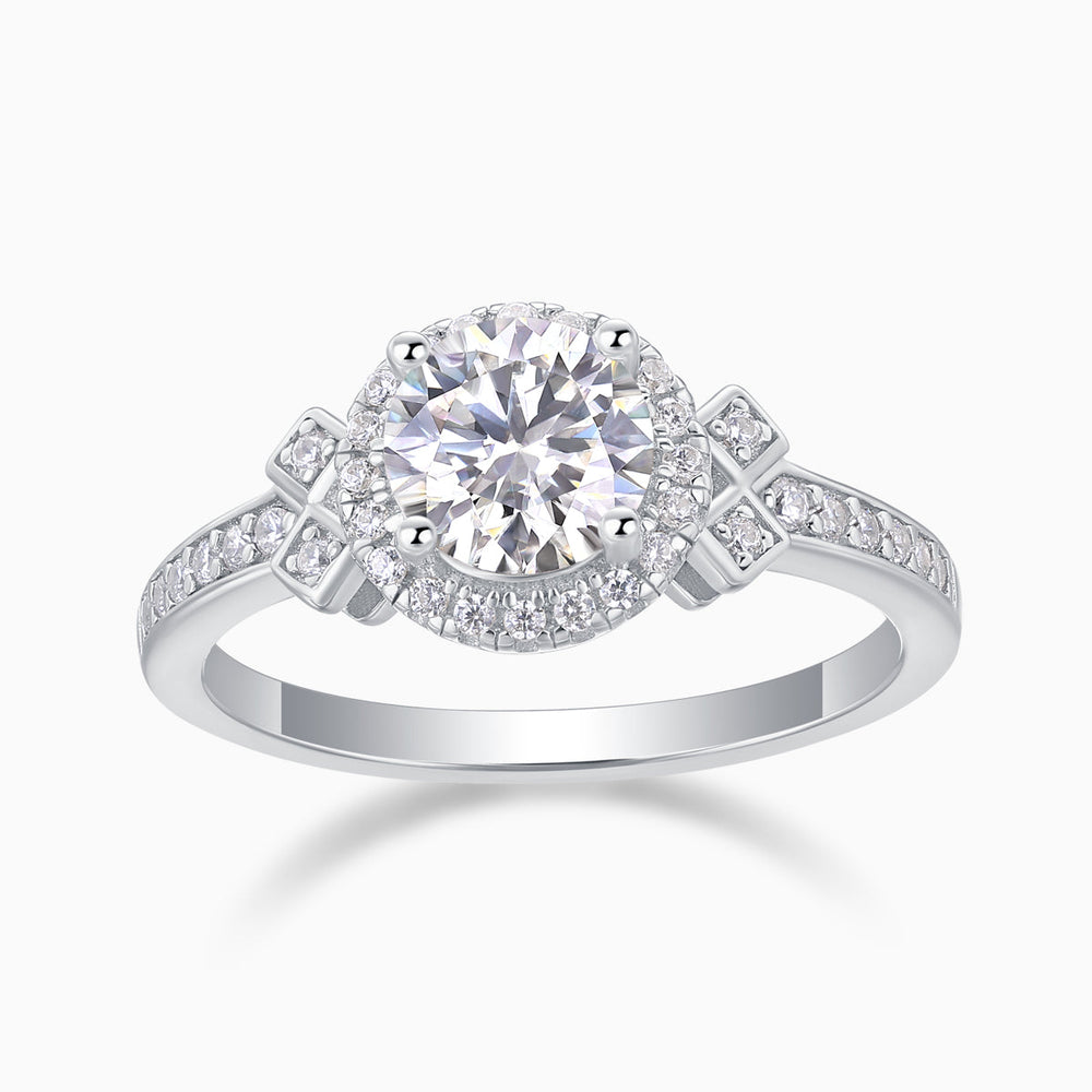 Round halo art deco cross pavé ring with round center stone, white-gold look