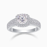 Cushion halo moissanite ring with triple pavé split shank, white gold vermeil