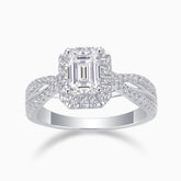 Emerald-cut halo moissanite ring, twisted pavé shank, white gold vermeil finish