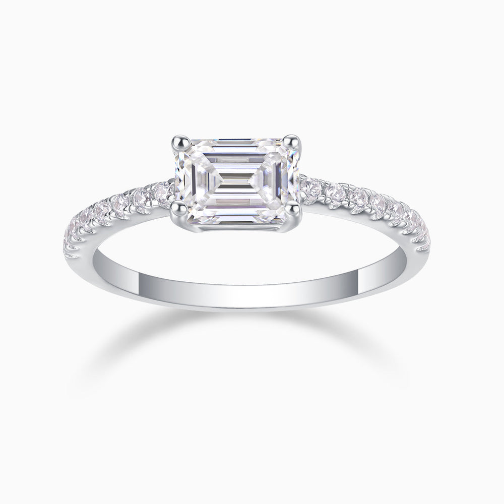 Emerald-cut moissanite ring with pavé shoulders, white gold tone, square center stone