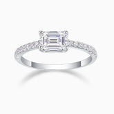 Emerald-cut moissanite ring with pavé shoulders, white gold tone, square center stone