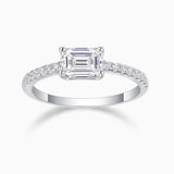 Emerald-cut moissanite ring with pavé shoulders, white gold tone, square center stone