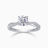 Round cut moissanite pavé wedding ring: round center stone, white-gold vermeil band