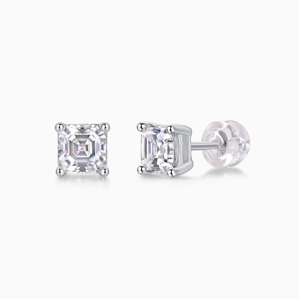 Asscher-cut moissanite stud earrings in white gold vermeil, square faceted stones