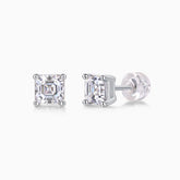 Asscher-cut moissanite stud earrings in white gold vermeil, square faceted stones
