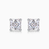 Pair of Asscher-cut moissanite stud earrings, square crystal with prong halos, white gold