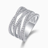 Multi-row crossover moissanite band, white gold vermeil with sparkling pavé rows