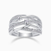 Round moissanite crossover wide band ring with pavé rows, white gold vermeil