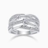 Round moissanite crossover wide band ring with pavé rows, white gold vermeil