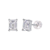 Emerald cut moissanite stud earrings with white gold vermeil prongs and clear stone