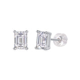 Emerald cut moissanite stud earrings with white gold vermeil prongs and clear stone