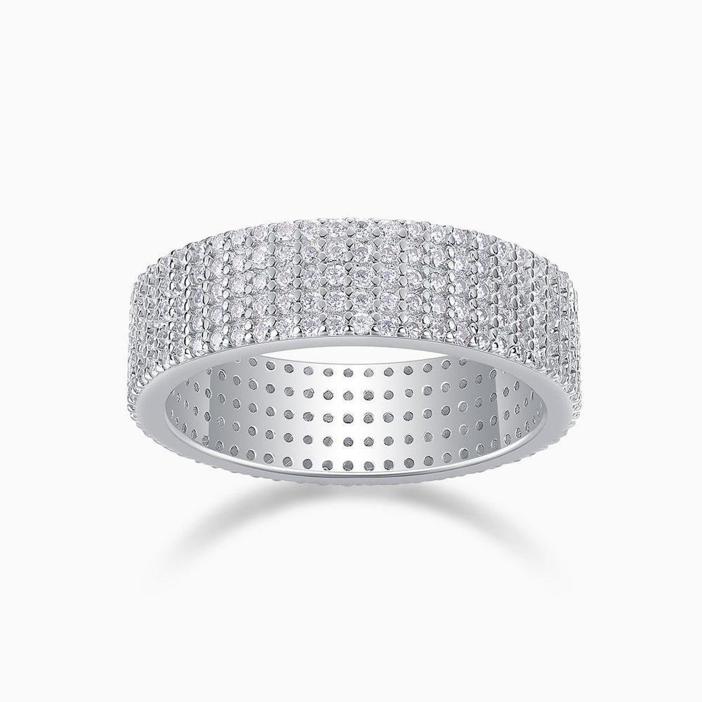Five-Row pavé eternity band in white gold vermeil, flat front with bright stones
