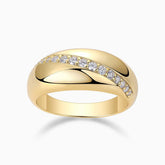 Moissanite dome band ring, yellow gold vermeil with white stones and black swoosh