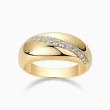 Moissanite dome band ring, yellow gold vermeil with white stones and black swoosh