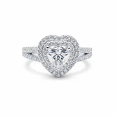 Heart-cut moissanite ring with double halo, pavé split shank in white gold vermeil